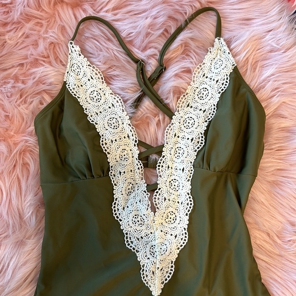 Cupshe Olive Sage Green Crotchet Criss Cross Backless Sexy One Piece Swimsuit - Picture 2 of 11
